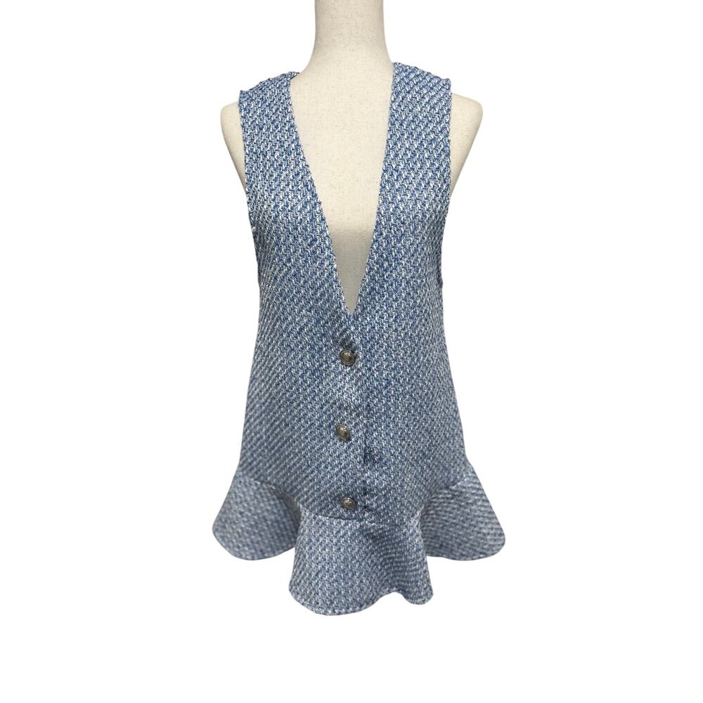 Zara Blue Tweed Pinafore Mini Dress Blogger Favorite Parisian Preppy Chic Sz M